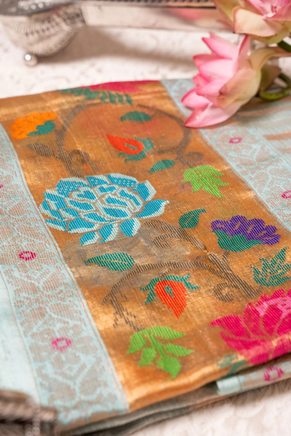 Closeup View: Sky Blue Real Zari Tissue Kota Saree