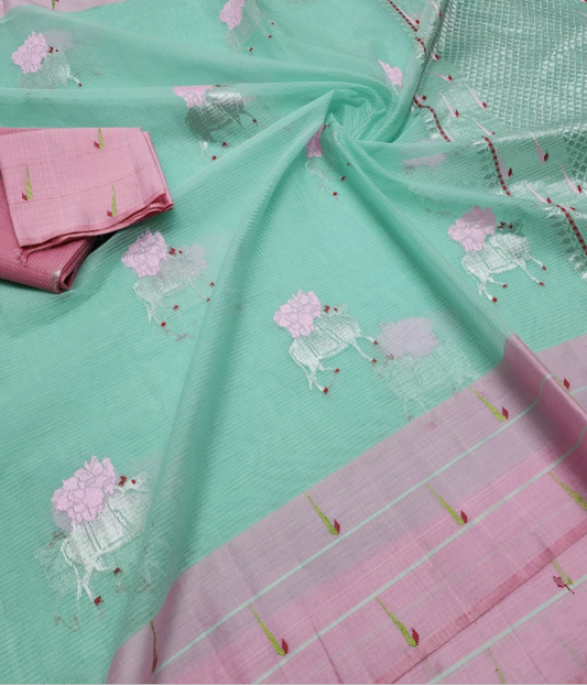 Sea Green Kota Saree - Silver Zari Cow Motifs & Geometric Pallu