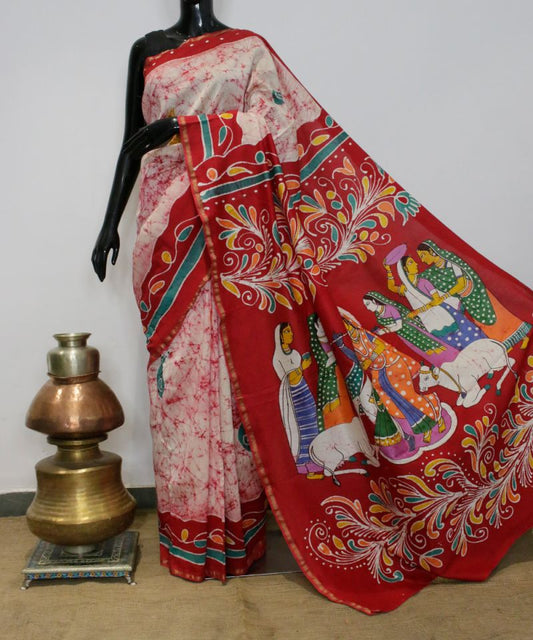 Red Pictorial Pallu | Women & Cow Motif