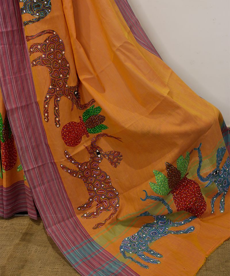 Orange Bhil Hand Painted Cotton Saree