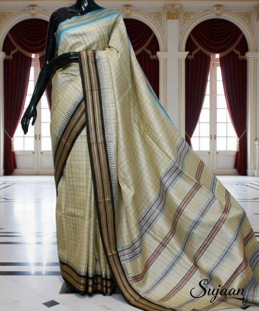 Handloom Tussar Saree with Karvat Kinar Temple Border & Jaala Weave