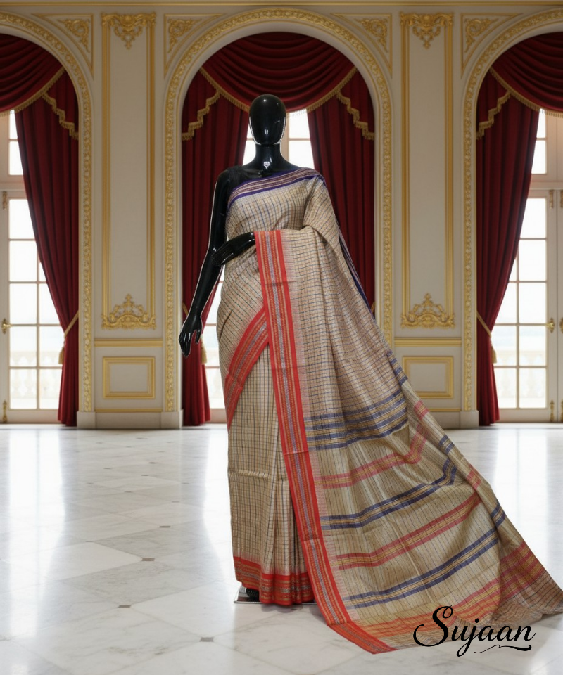 Tussar Check Saree: Karvati Kinar Border & Woven Jaala Pallu