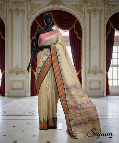 Vidarbha Tussar Silk Saree: Karvati Kinar Border and Woven Pallu