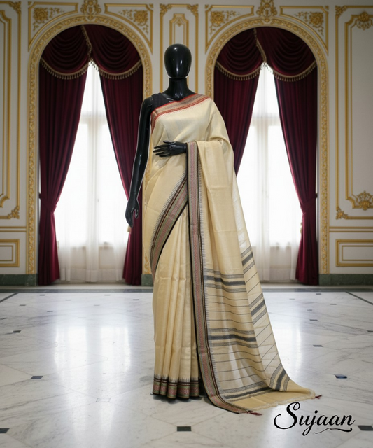Elegant Vidarbha Tussar Silk Saree with Karvati Kinar Temple Border