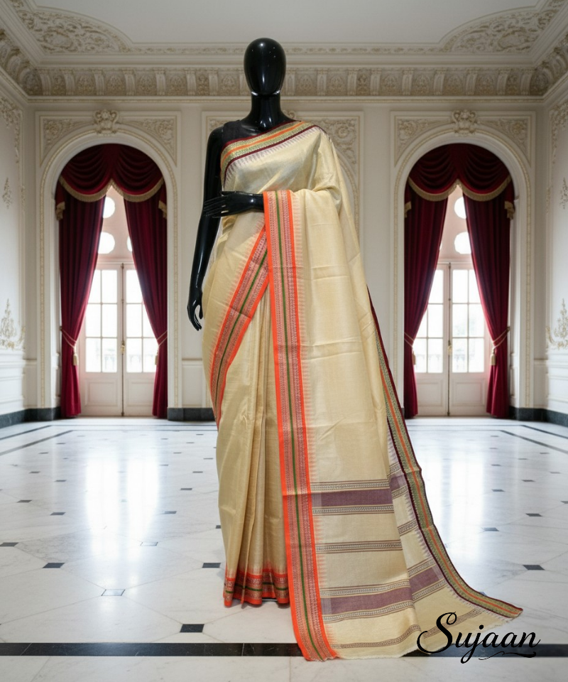 Vidarbha Tussar Silk Saree - Golden Beige Karvati Kinar