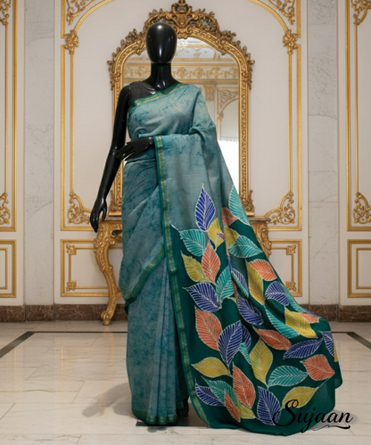 Hand Drawn Batik Cotton Saree  Vibrant Multi-Color Leaf Motif Pallu