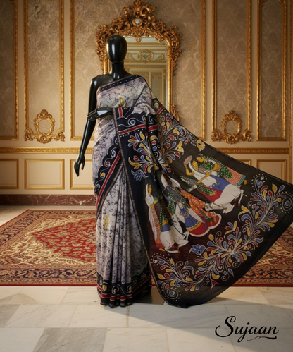 Hand-Painted Pattachitra Batik Saree| Black Pictorial Pallu & Cow Motif