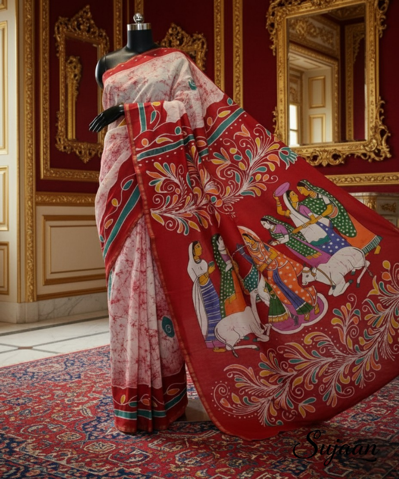 Artisan Hand Painted Batik Saree | Folk Art Narrative Design