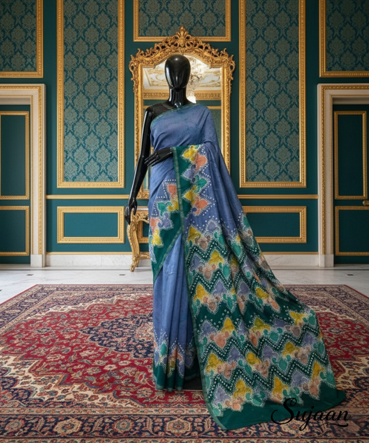 Hand Drawn Batik Cotton Saree | Serene Blue & Multi-Color Geometric Pallu