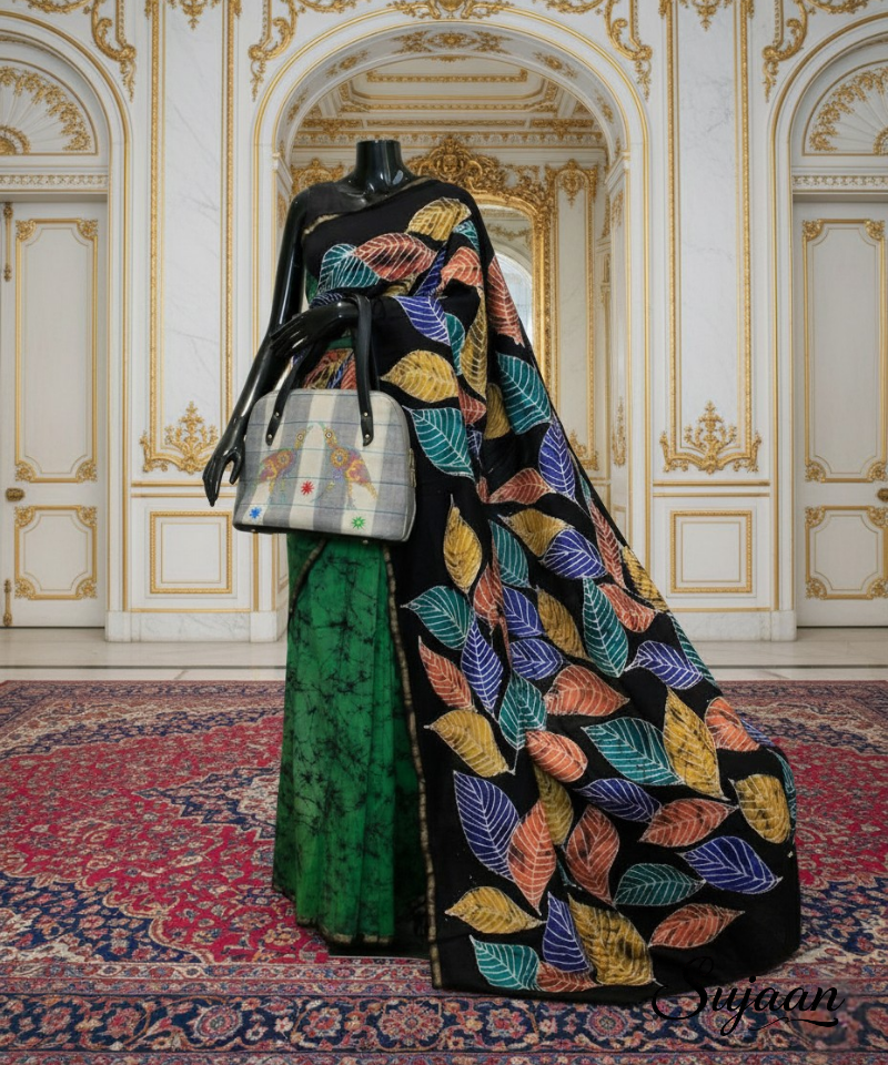 Contrast Black & Green Batik Saree | Artisan Painted Leaf Motif