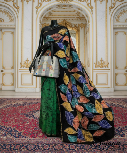Contrast Black & Green Batik Saree | Artisan Painted Leaf Motif