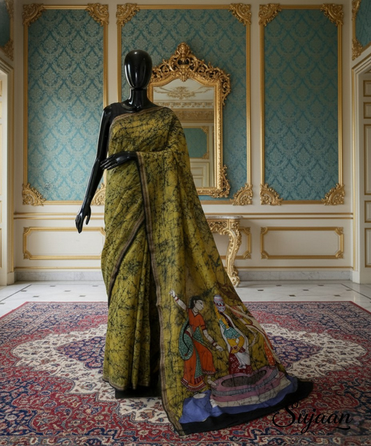Artisan Hand Painted Batik Saree | Crackle Effect & Pictorial Design