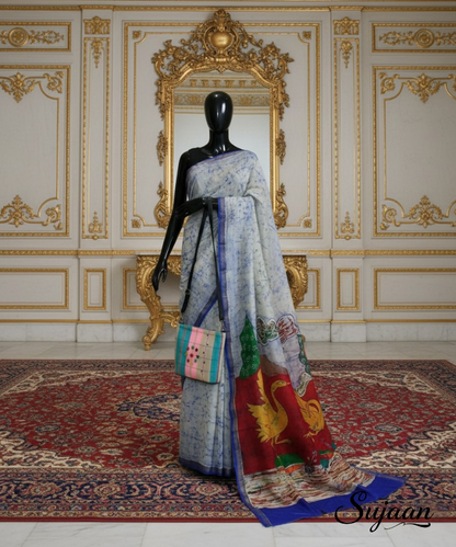 Artisan Hand Drawn Batik Saree | Pictorial Bird Motif Pallu | Blue Border