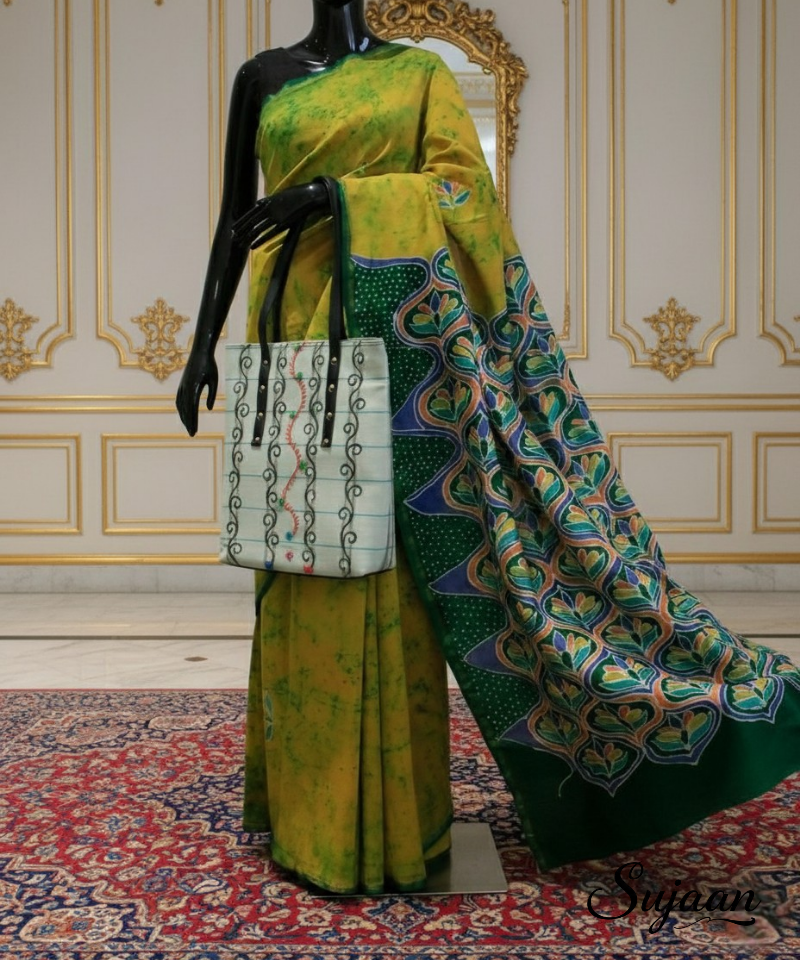 Hand Drawn Batik Cotton Saree | Yellow Green Floral Design