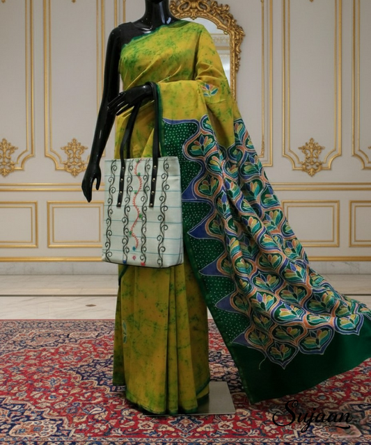 Hand Drawn Batik Cotton Saree | Yellow Green Floral Design
