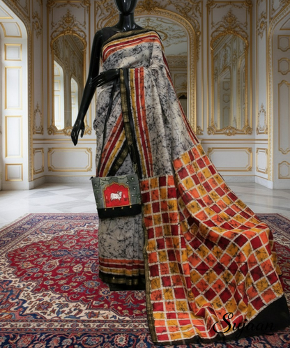Hand Drawn Batik Cotton Saree | Checked Pallu | Vibrant Color Block