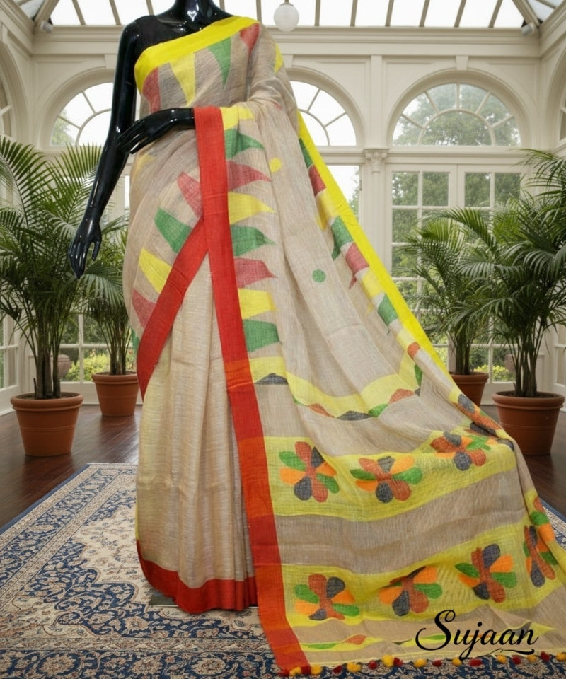 Handwoven Linen Jamdani Saree - Abstract Motif & Bright Border