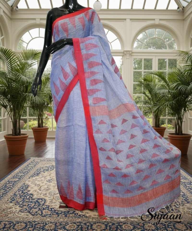 Minimalist Jamdani Saree - Linen with Floating Triangle Weave