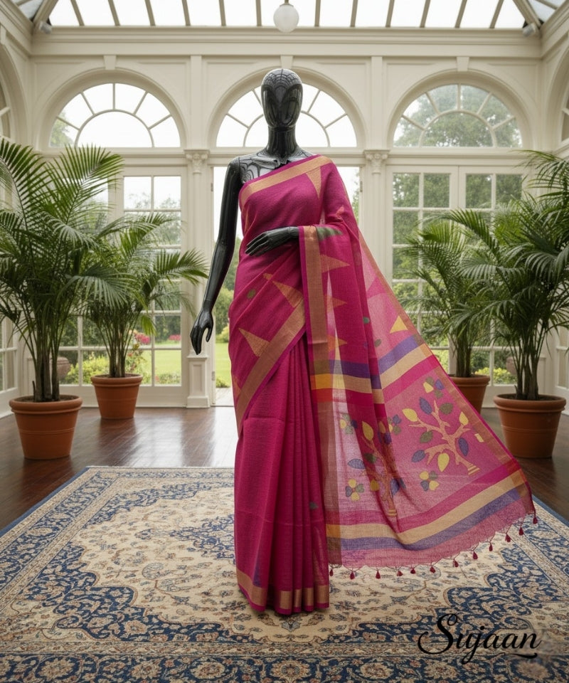 Rani Pink Linen Jamdani Handloom Saree - Floral Zari Weave