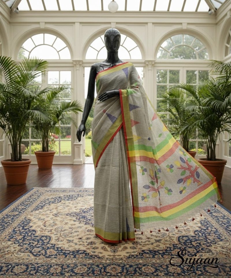 Lightweight Jamdani Saree - Grey Linen with Rainbow Border
