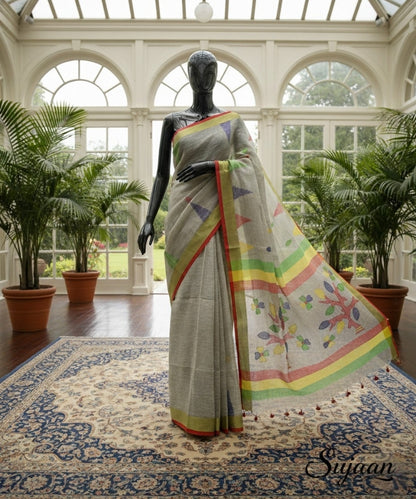 Lightweight Jamdani Saree - Grey Linen with Rainbow Border