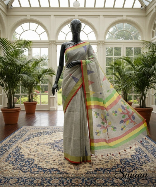 Lightweight Jamdani Saree - Grey Linen with Rainbow Border