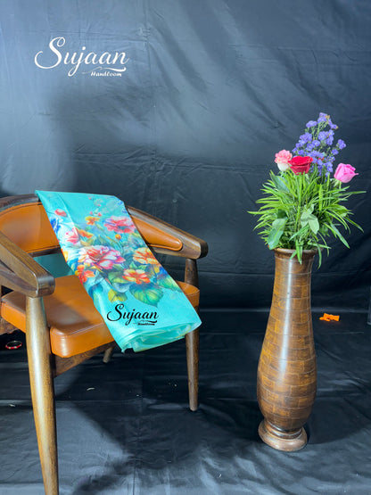 Folded View: Aqua Blue Digital Floral Print Zari Kota Saree