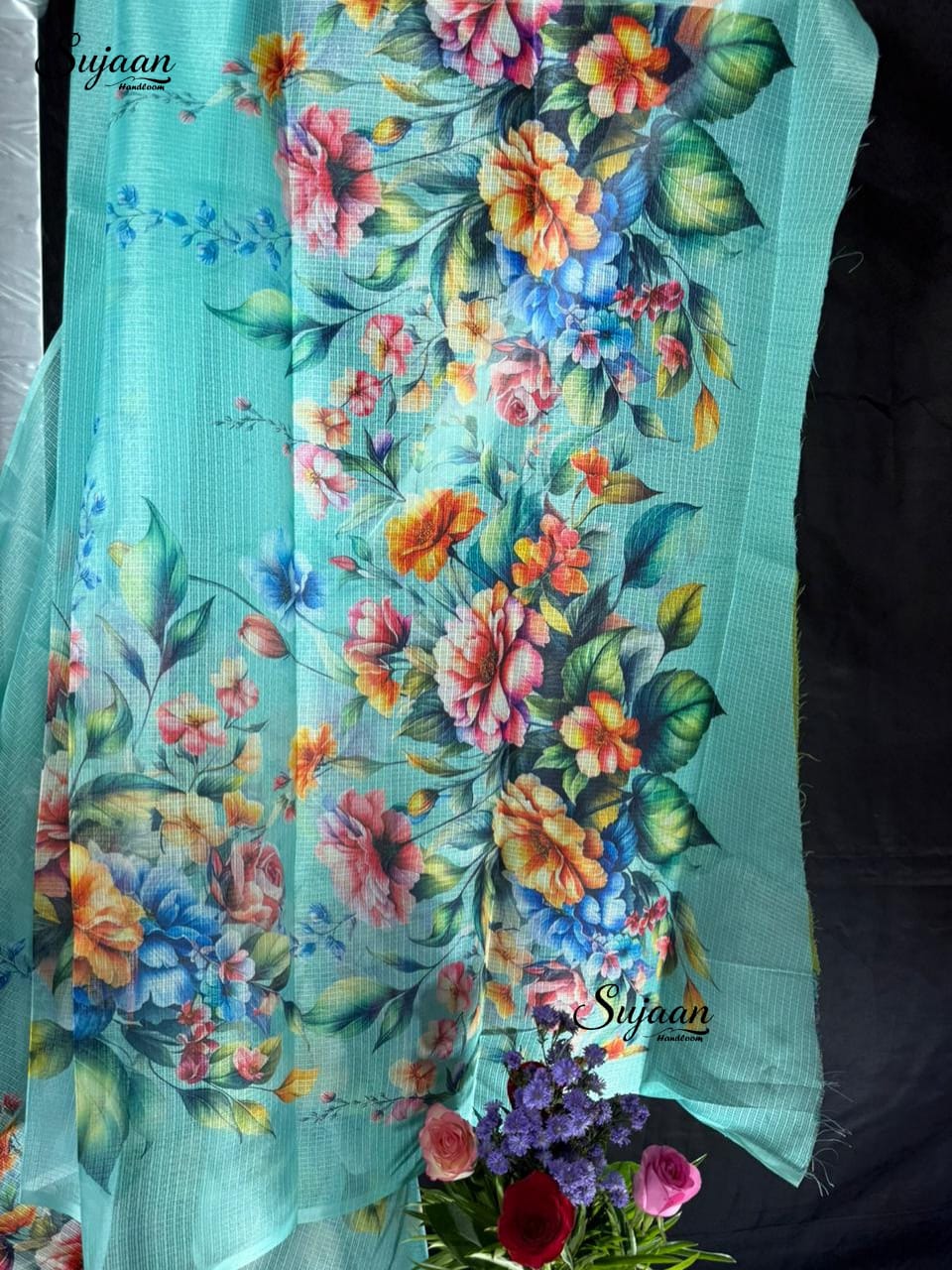 Front View: Digital Floral Print Zari Kota Saree