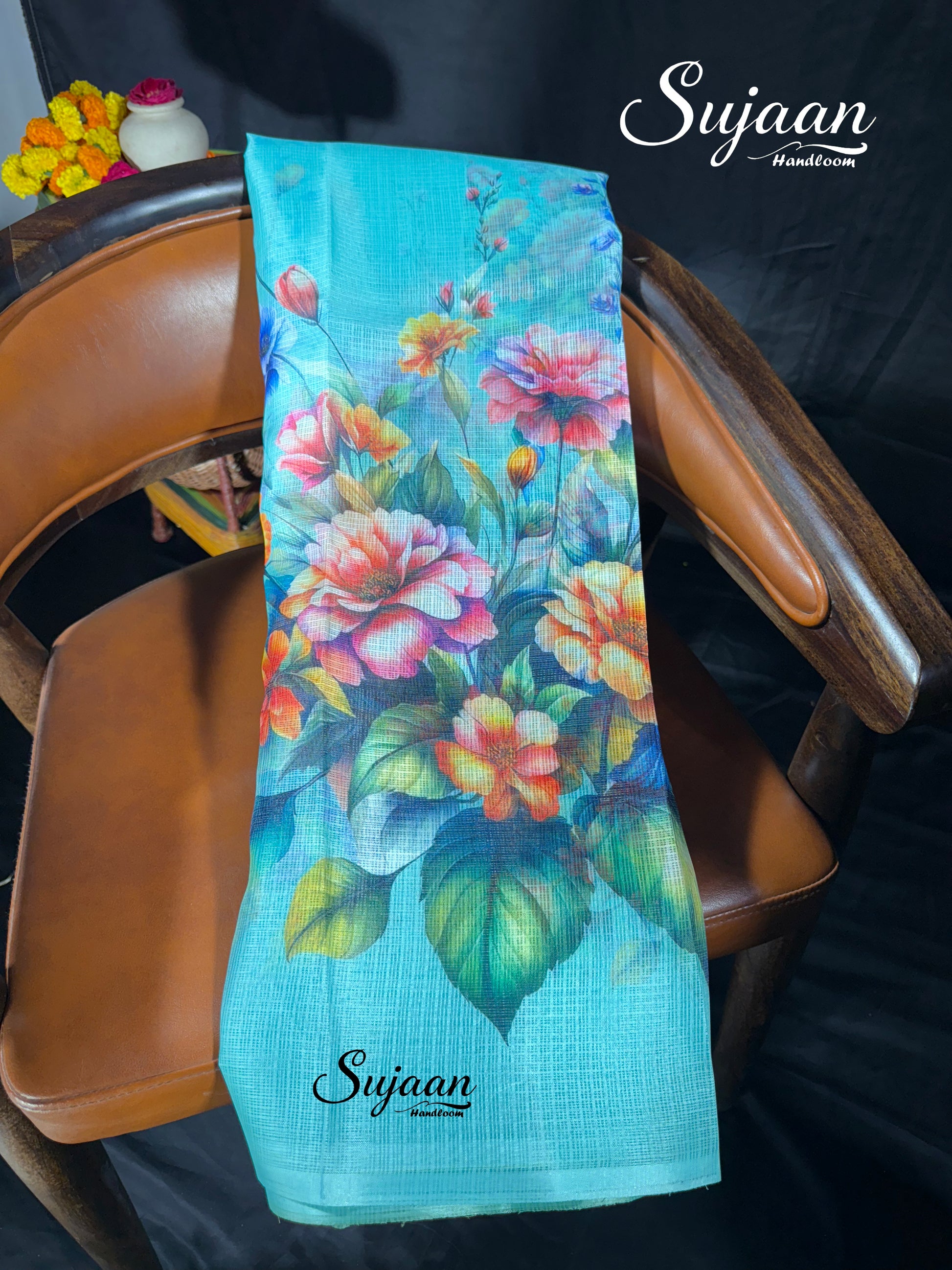 Folded View: Aqua Blue Digital Floral Print Zari Kota Saree - Hand-loom