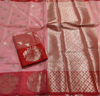 Pink and red saree with intricate patterns