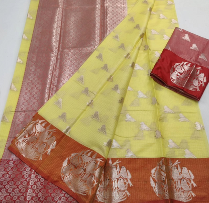 Yellow saree with red border