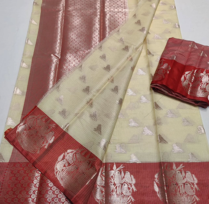 Red and beige saree with intricate patterns