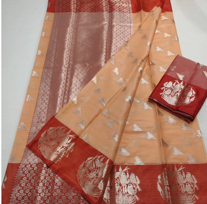 Saree with red and Peach patterns 