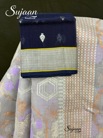 Blouse View: Zari Kota Saree with Lavender Floral Jaal