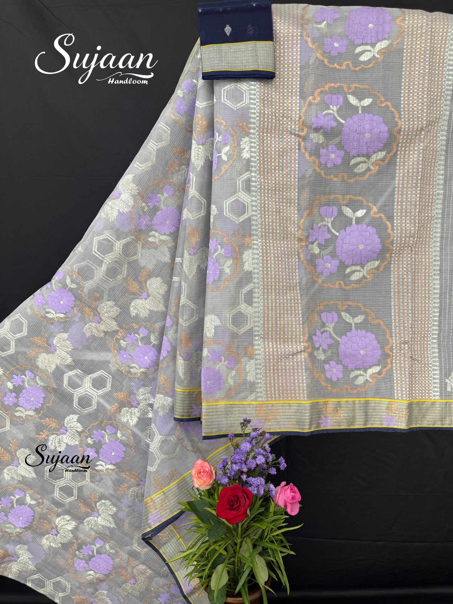 Full View: Silver Grey Zari Kota Saree