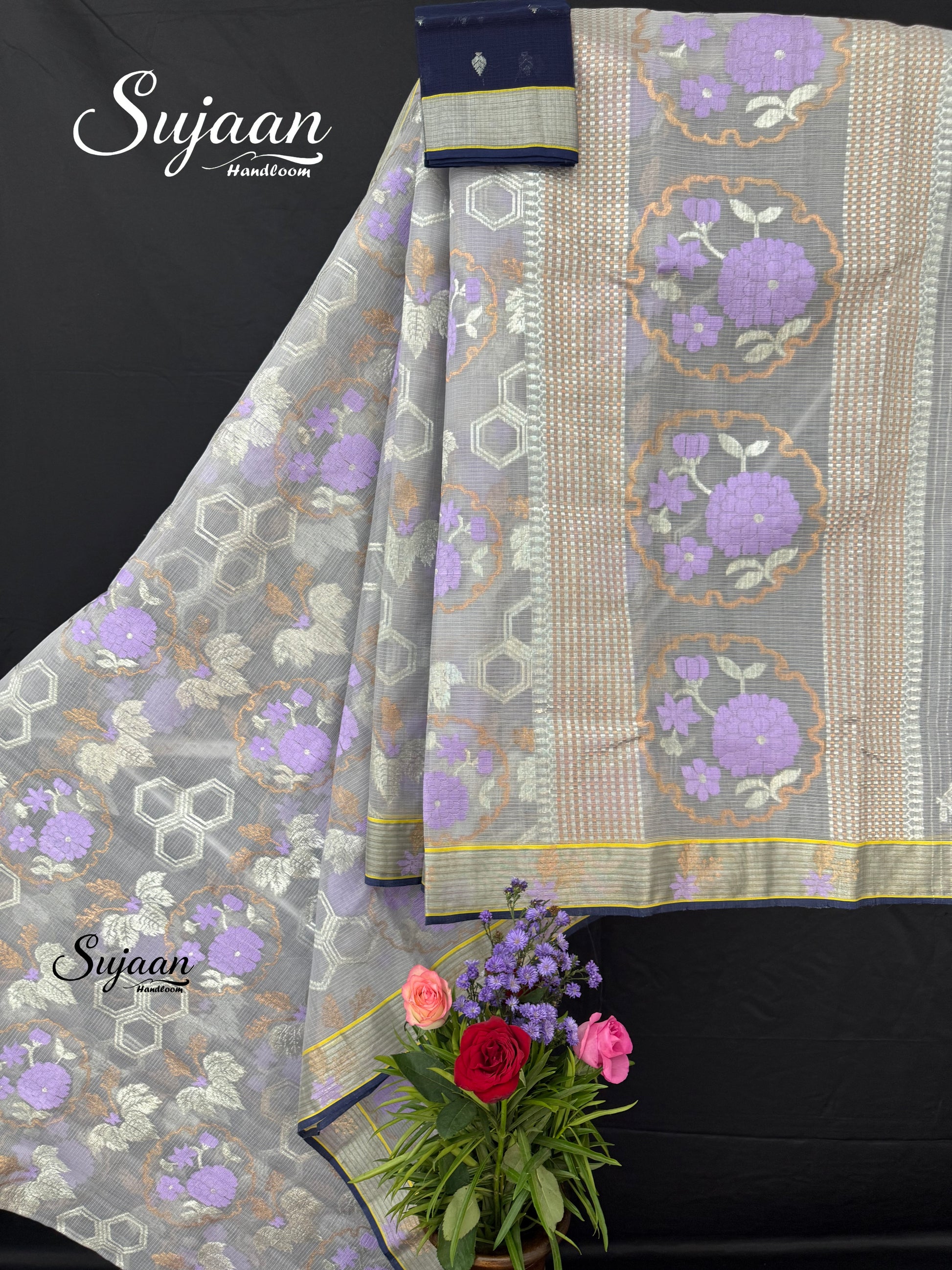 Full View: Silver Grey Zari Kota Saree