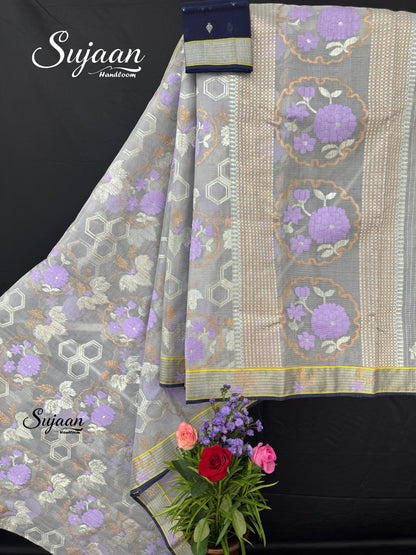 Full View: Silver Grey Zari Kota Saree