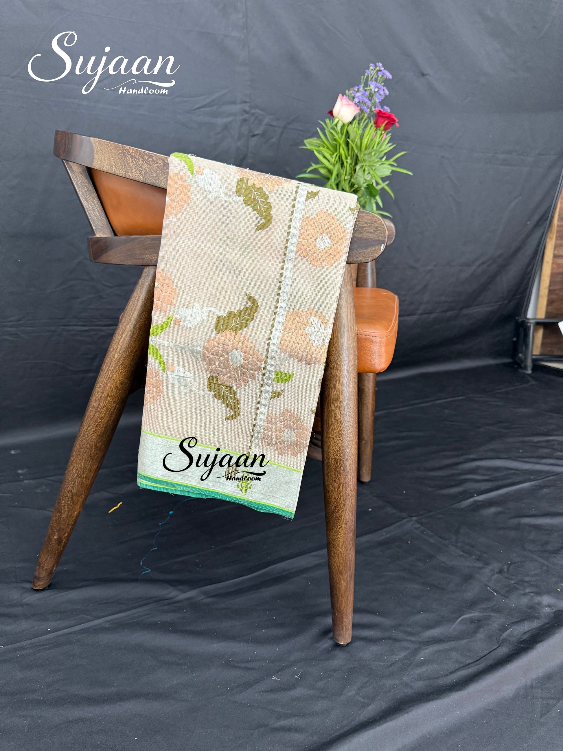 Folded View: Beige/Off White Zari Kota Saree with Peach Floral Work and Green Blouse