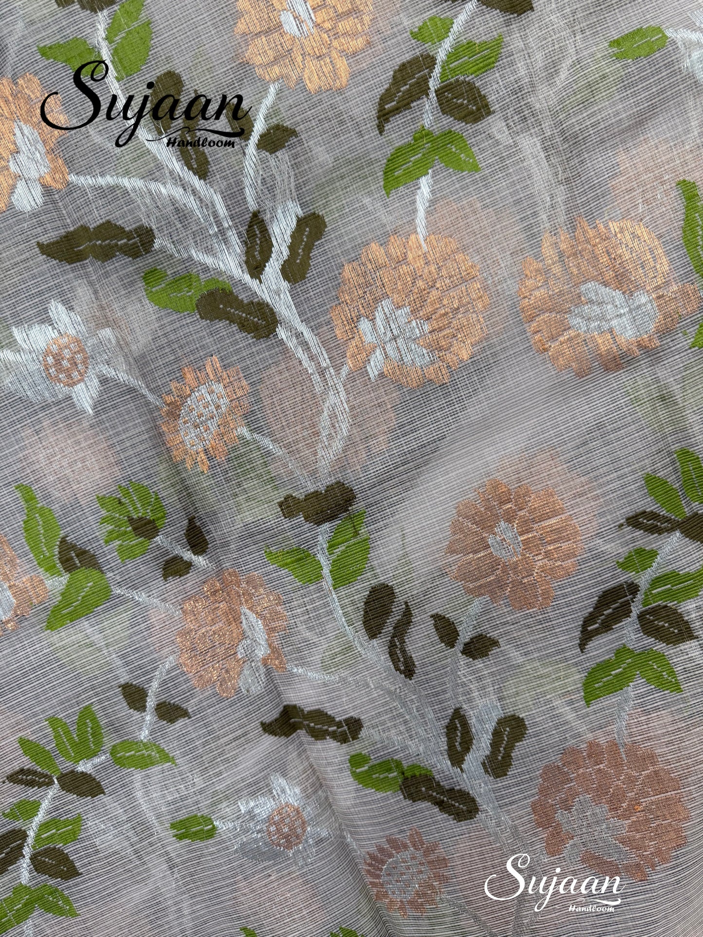 Closeup View: Saree with Peach Floral Work