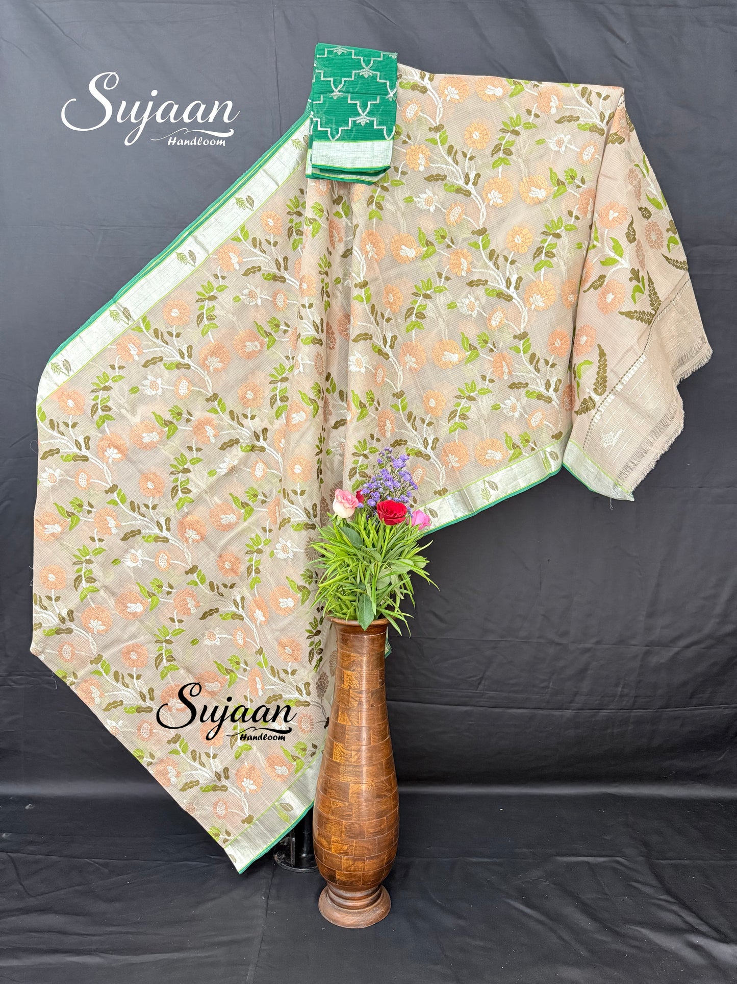 Full View: Elegant Beige Zari Kota Saree with Peach Floral Jaal & Green Blouse