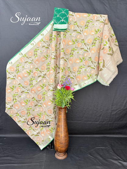 Full View: Elegant Beige Zari Kota Saree with Peach Floral Jaal & Green Blouse