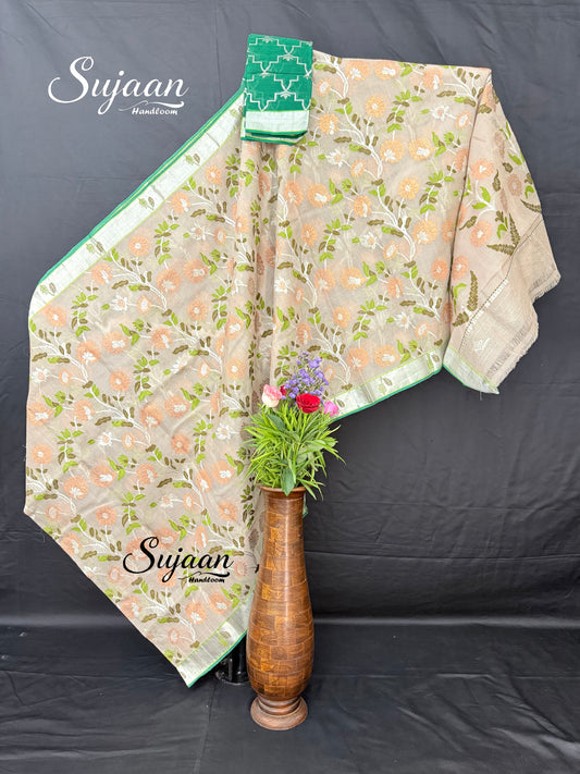 Full View: Elegant Beige Zari Kota Saree with Peach Floral Jaal & Green Blouse