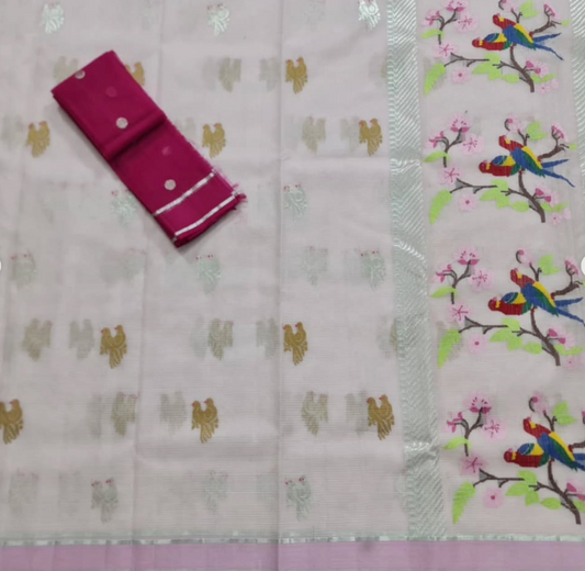 Blush Pink Zari Kota Handloom Saree - Hand-Woven Bird Motifs