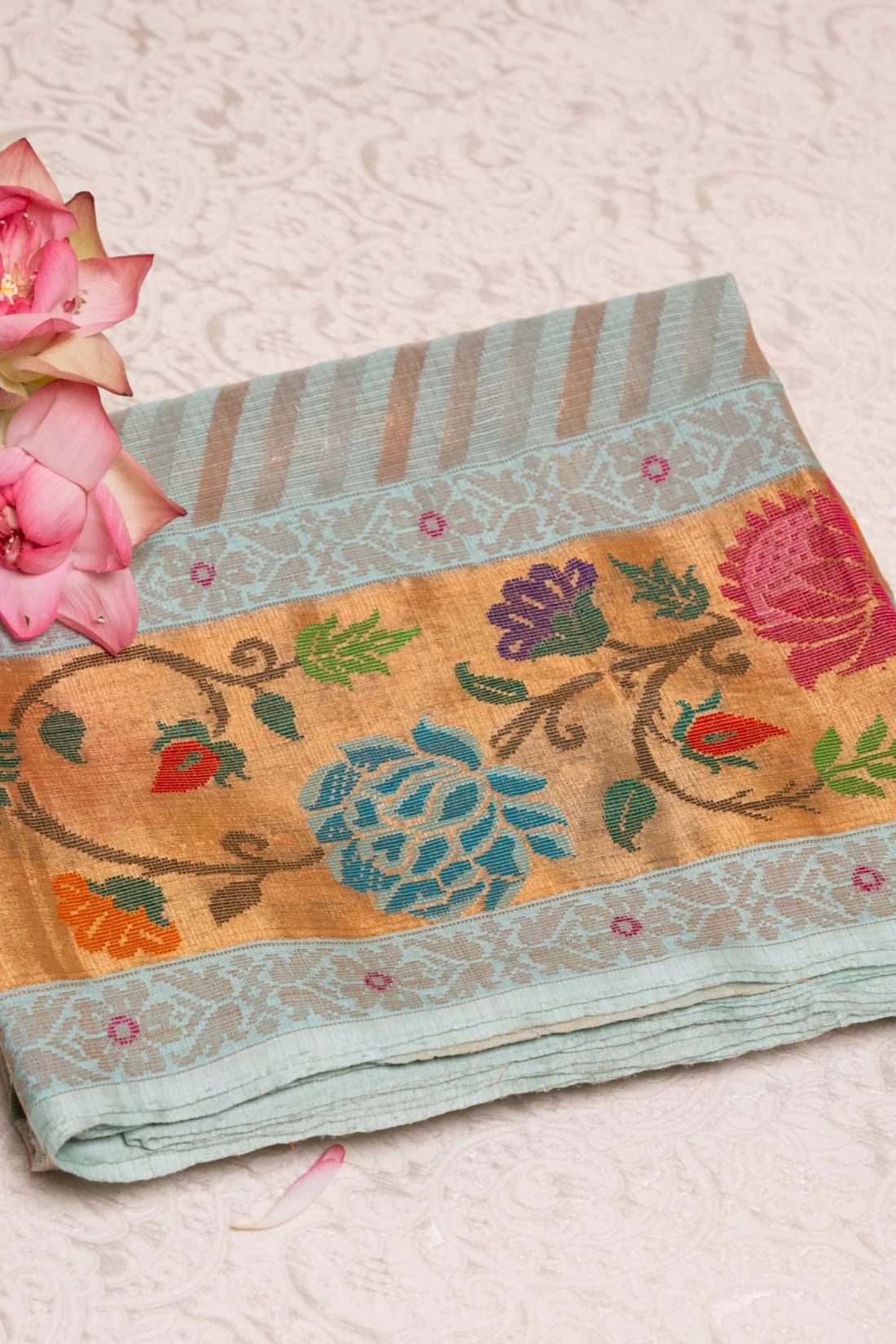 Border View : Sky Blue Real Zari Tissue Kota Saree with Lehariya Stripes & Paithani Border