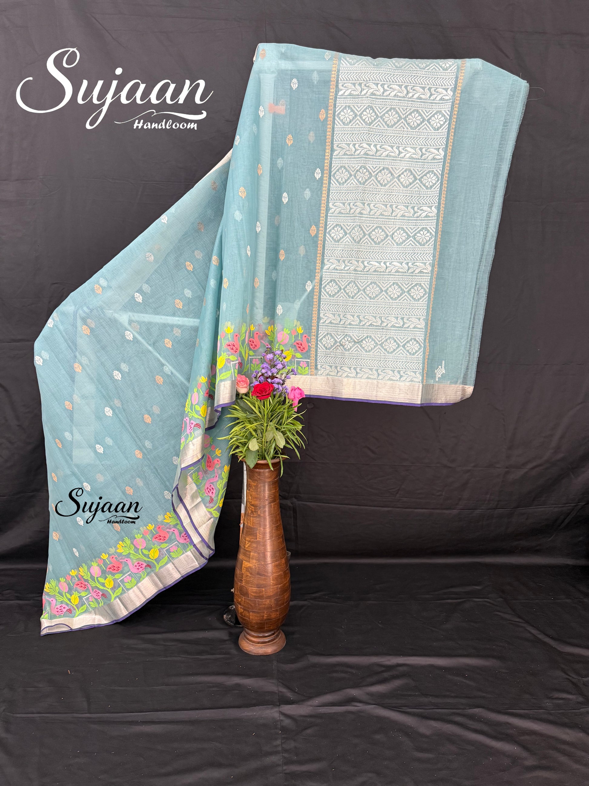 Front View: Dusty Teal Zari Kota Saree with Flamingo & Silver Pallu