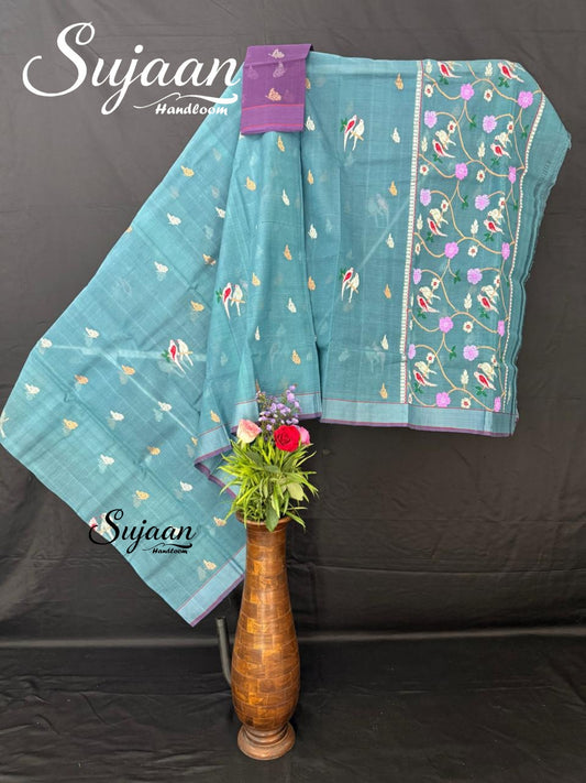 Front View: Elegant Sky Blue Zari Kota Saree with Floral & Bird Work