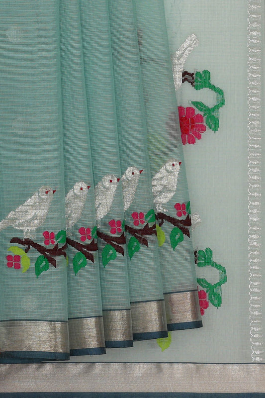 Festive Zari Kota Saree Sea Blue with Dove Motifs & Silver Border