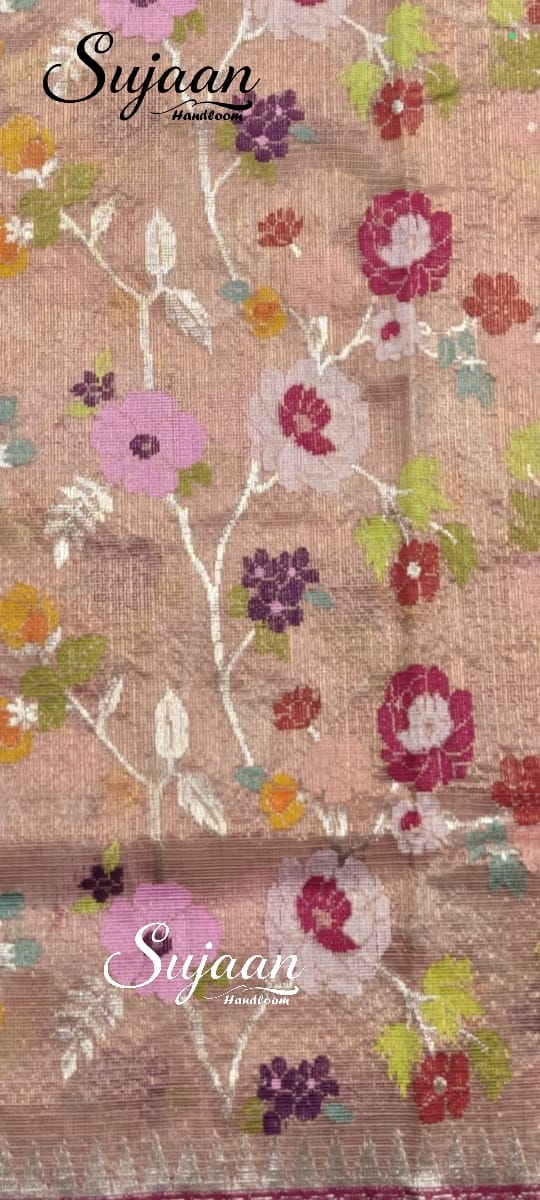 Close up view: Kota Doria Pink Floral Saree