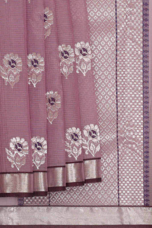 Handwoven Onion Pink Kota Saree | Zari Border & Floral Motifs