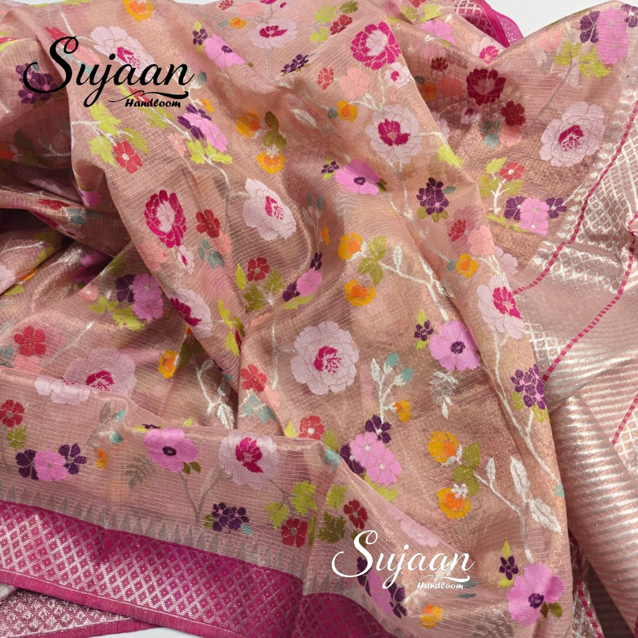 Close up View: Zari Woven Kota Doria Pink Floral Saree